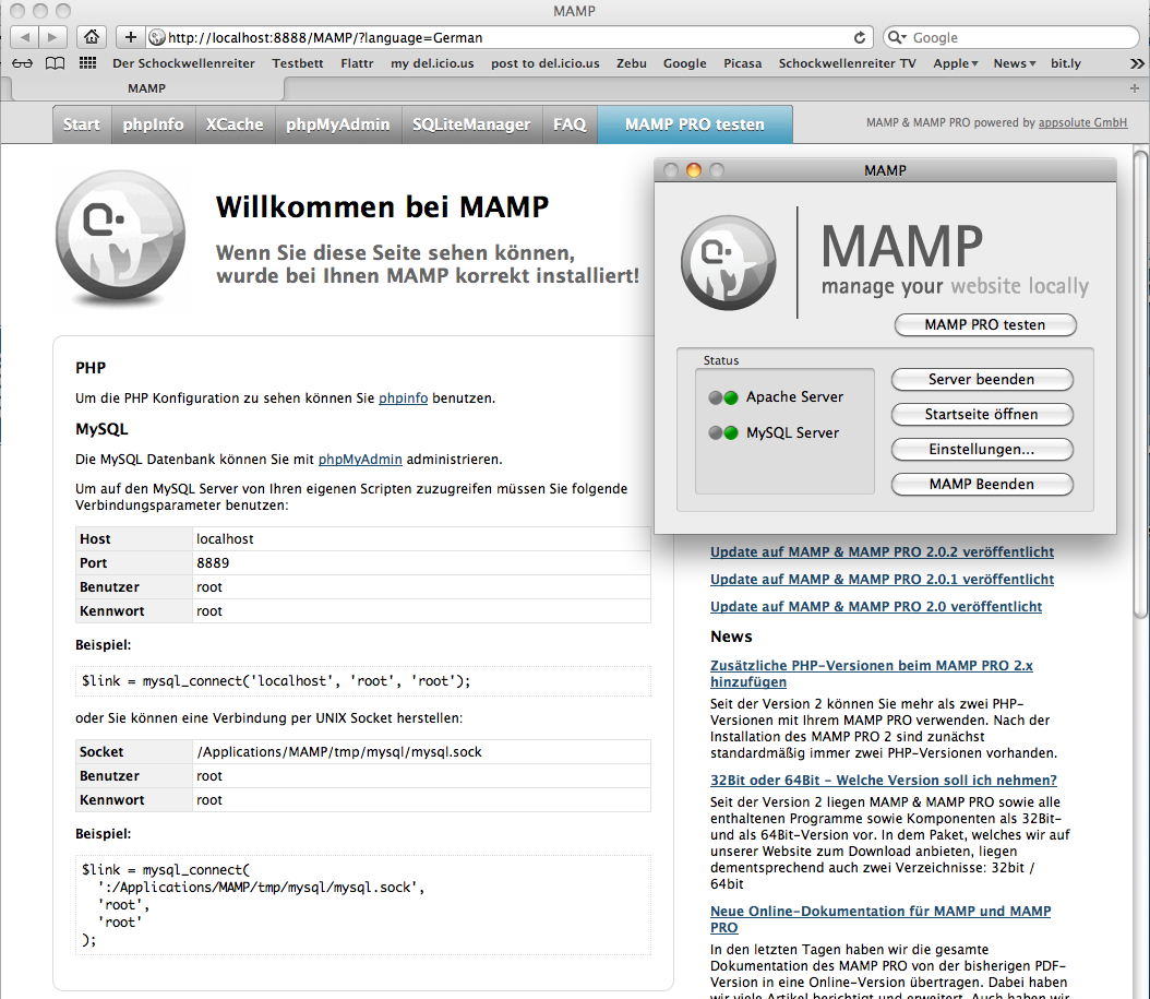 MAMP-Kontrollcenter und MAMP-Startseite